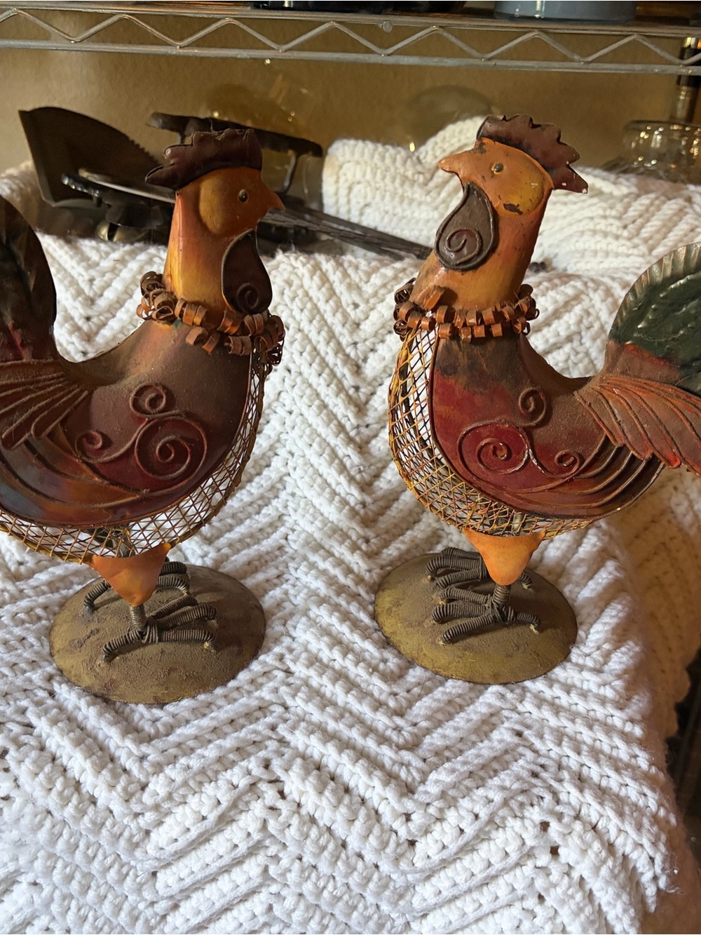 Pair of Decorative Metal Rooster Figurines - Rusty Orange & Brown